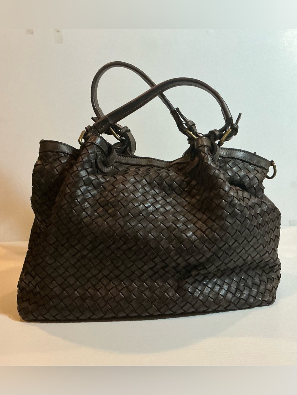 Italian Woven Leather Tote Bag in Dark Brown